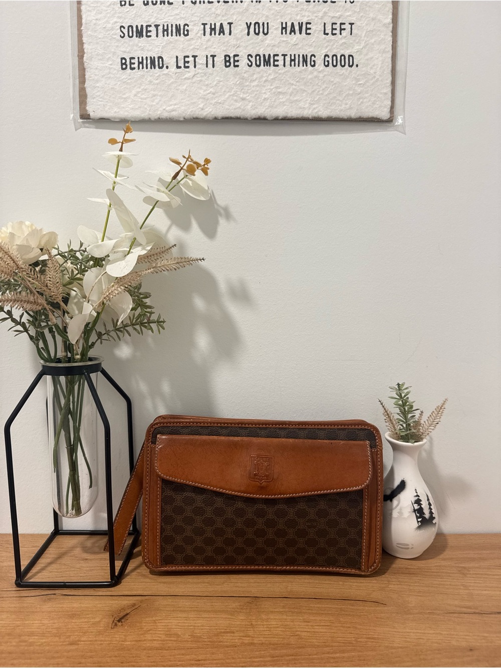 Vintage CELINE Paris Macadam Triomphe Canvas Clutch Bag Brown Leather